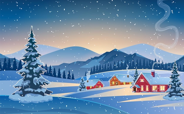 Uma casa em uma paisagem de Natal nevada à noite conceito de árvore de Natal para saudação ou cartão postal