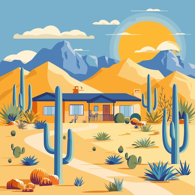 Uma casa está no meio de um deserto com as montanhas do arizona ao fundo