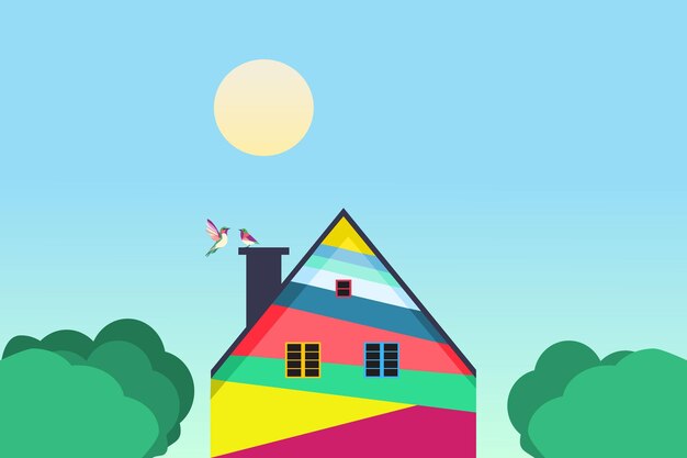 Vetor uma casa tradicional colorida pela manhã ilustração vetorial um par de pássaros no telhado da casa