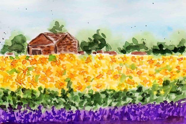 Uma casinha bonitinha com aquarela de paisagem de jardim de girassol e lavanda