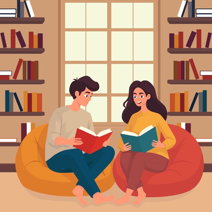 Vetor uma cena aconchegante na biblioteca com um jovem e uma jovem sentados em sacos de feijão lendo livros cercados por estantes de livros