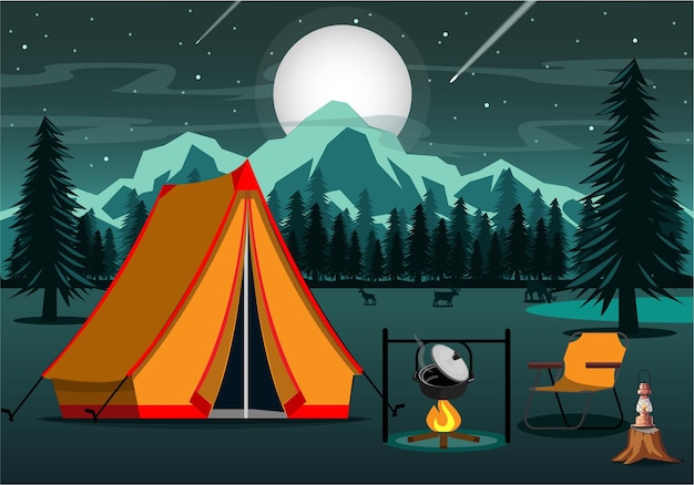 Uma cena de acampamento com uma barraca e montanhas ao fundo.