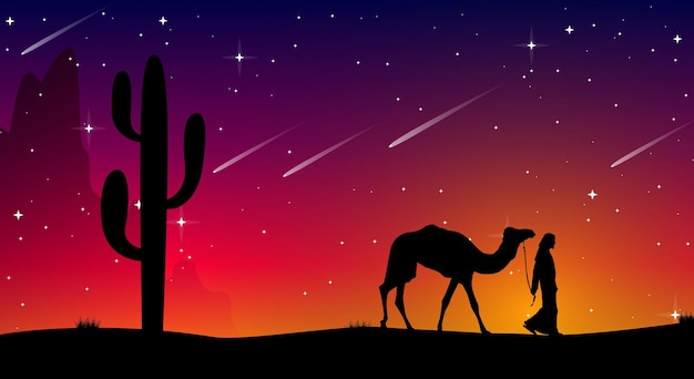 Vetor uma cena de deserto com um camelo e uma estrela ao fundo