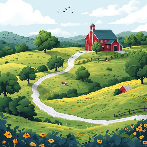 Vetor uma cena de fazenda de desenho animado com um caminho que leva a um celeiro vermelho vector