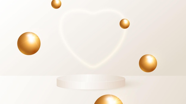 Uma cena minimalista com um pódio cilíndrico bege e bolas douradas voadoras.