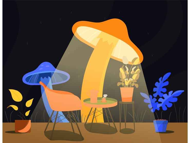 Vetor uma cena noturna encantada com cogumelos gigantes e luzes brilhantes