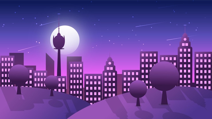 Vetor uma cena noturna roxa com uma paisagem urbana e a lua.