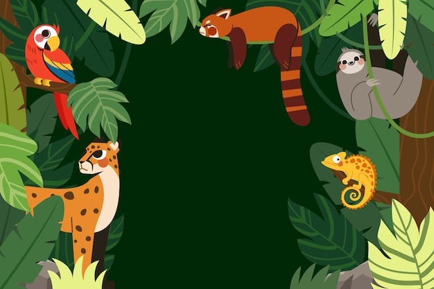 Uma cena vibrante da selva com animais e vegetação exuberante