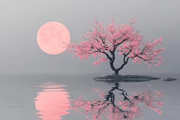 Vetor uma cerejeira rosa em flor com seu reflexo na água uma lua ao fundo um gradiente cinzento
