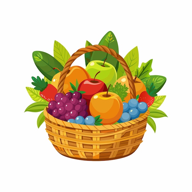 Vetor uma cesta de frutas com uma cesta de frutos e folhas