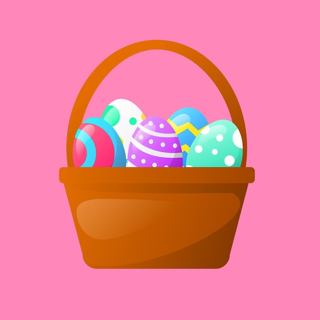 Vetor uma cesta de ovos de páscoa está em um fundo rosa.