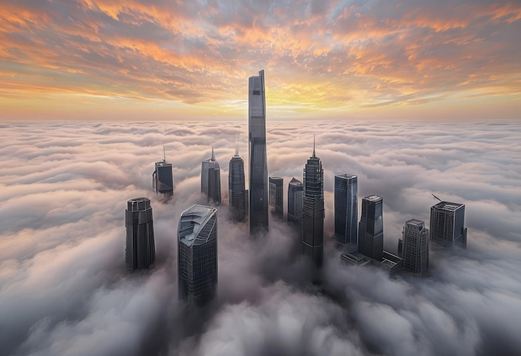 Vetor uma cidade nas nuvens com um avião voando sobre ela
