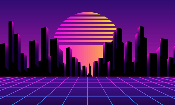 Vetor uma cidade neon com um pôr do sol e palmeiras ao fundo.