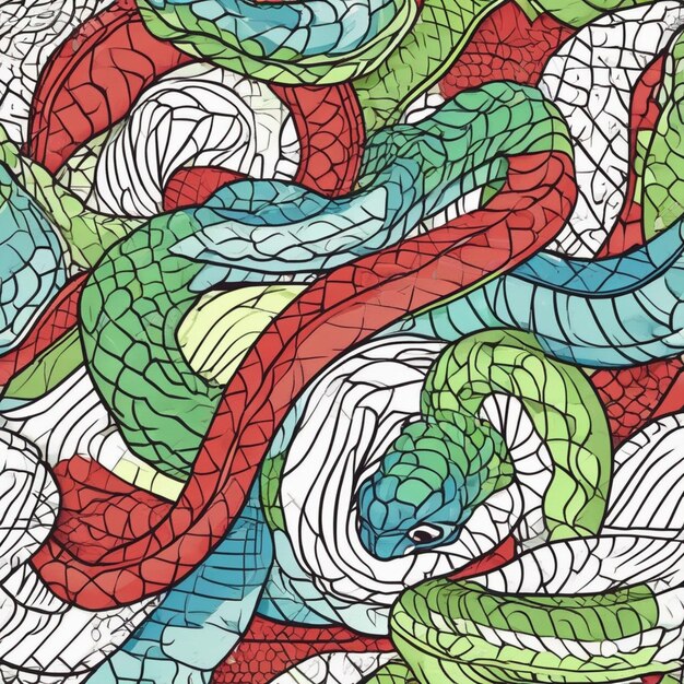 Uma cobra colorida com listras vermelhas e verdes