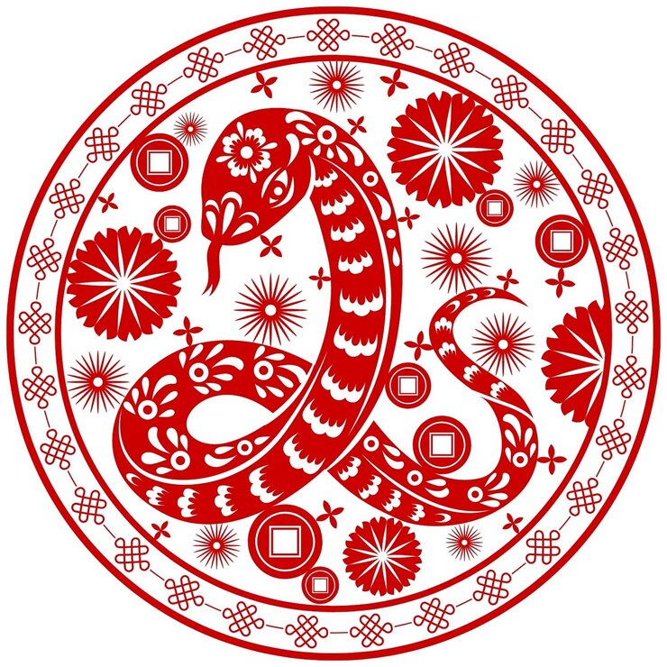Vetor uma cobra cortada em papel vermelho e branco em um círculo