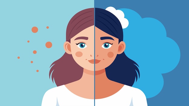Vetor uma colagem antes e depois com a imagem antes mostrando uma mulher com a pele coberta de acne e áspera