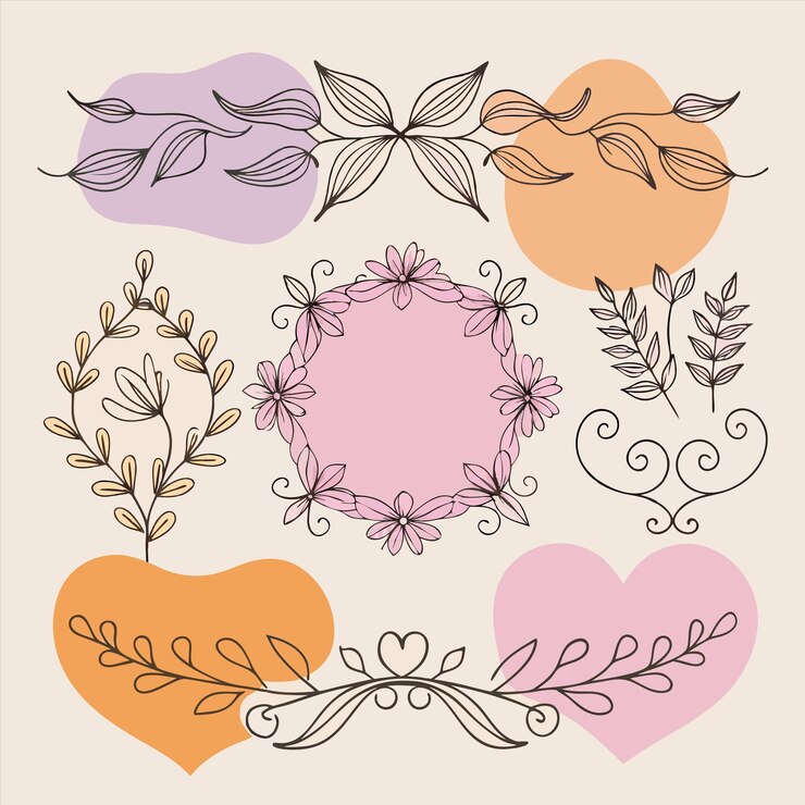 Vetor uma colagem de diferentes desenhos, incluindo flores e folhas de coração