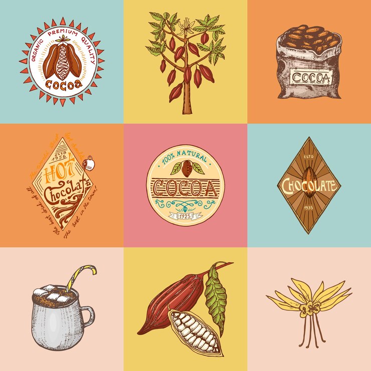 Vetor uma colagem de diferentes imagens de comida e uma placa que diz chocolate.