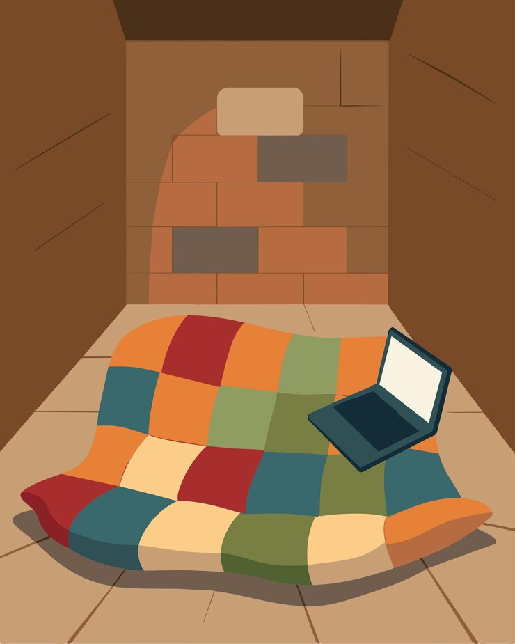 Vetor uma colcha de patchwork espalhada no chão fornecendo uma almofada confortável para uma configuração de laptop em um