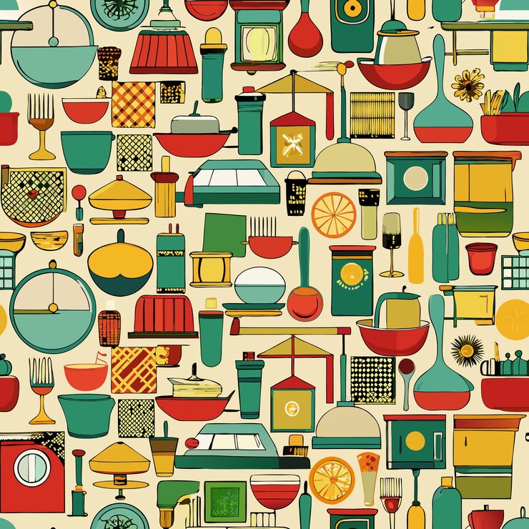 Vetor uma coleção colorida de utensílios de cozinha e utensílius de cozinha