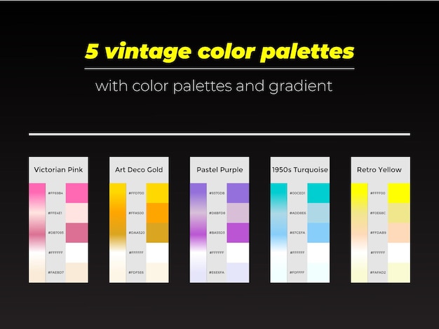 Vetor uma coleção de 5 paletas de cores vintage com paletas de cores e gradientes