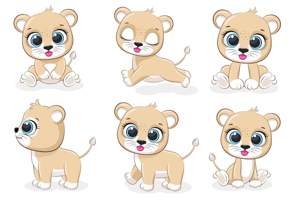 Uma coleção de 6 filhotes de leão fofos. ilustração de desenho vetorial.