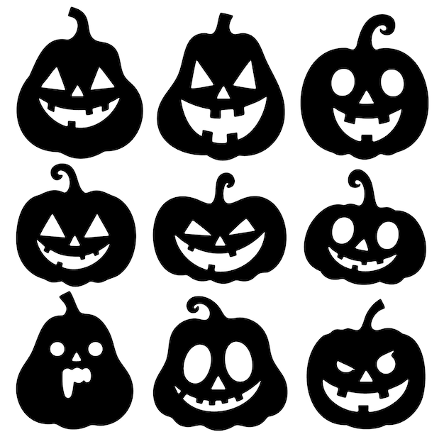 Uma coleção de abóboras de Halloween esculpidas em silhueta