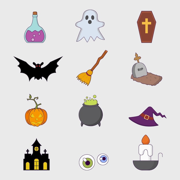 Uma coleção de adesivos fofos de halloween com designs simples