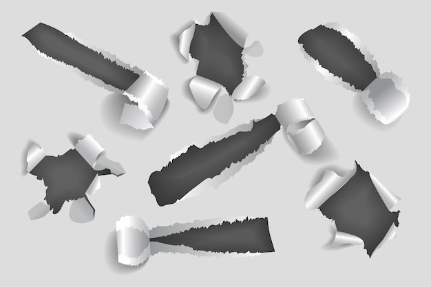 Uma coleção de buracos rasgados em maquetes de papel em design 3D realista Imagem em preto e branco