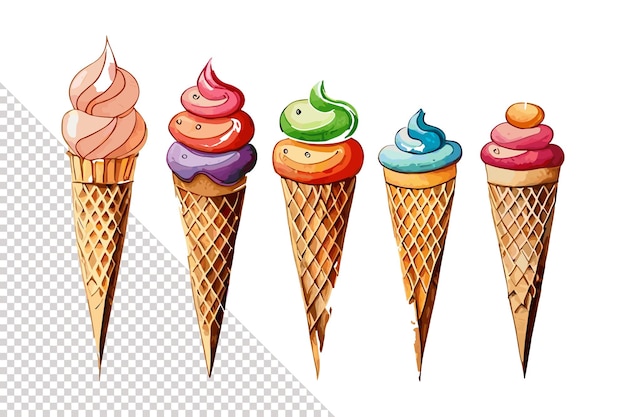 Uma coleção de casquinhas de sorvete com cores diferentes.