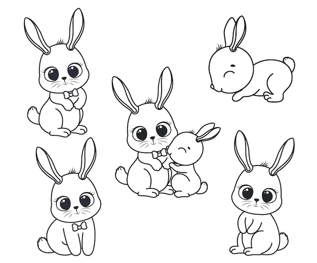 Uma coleção de coelhos bonitos dos desenhos animados. ilustração em vetor preto e branco para um livro de colorir. desenho de contorno.