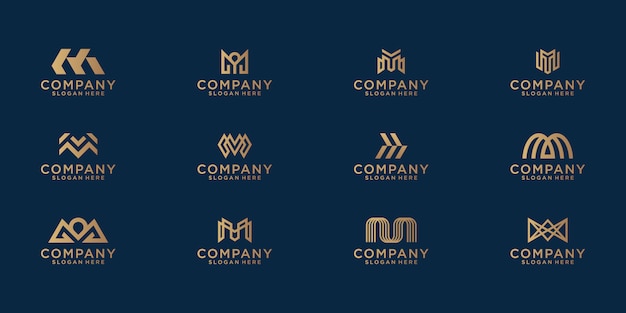 Uma coleção de designs de logotipo da letra m na cor dourada abstrata. apartamento minimalista moderno para negócios