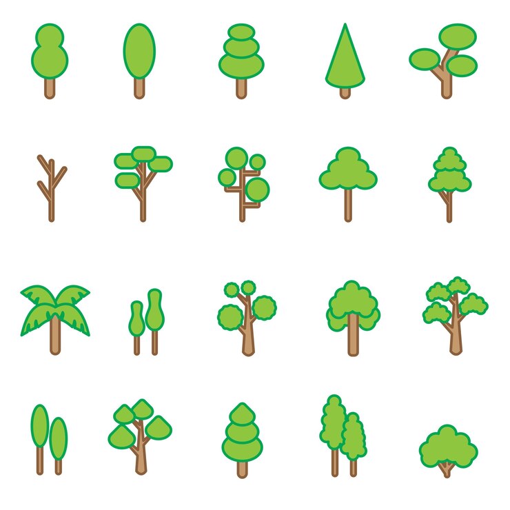 uma coleção de diferentes árvores com diferentes formas e tamanhos de árvores