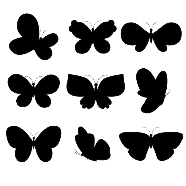 Uma coleção de diferentes silhuetas de borboletas em tons pastel