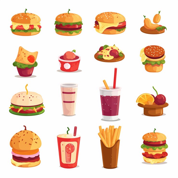 Vetor uma coleção de diferentes tipos de alimentos, incluindo hambúrgueres e bebidas