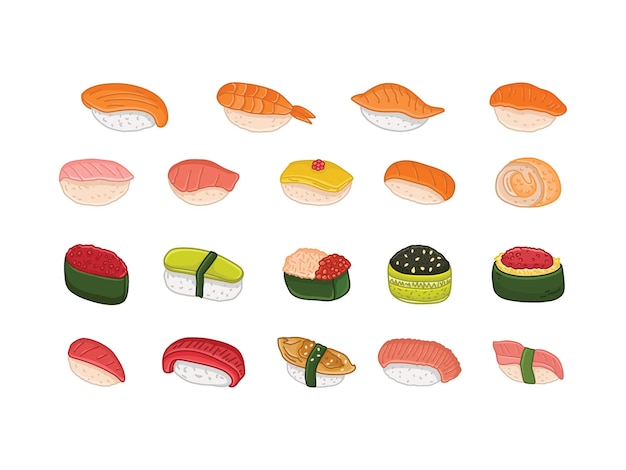 uma coleção de diferentes tipos de sushi e sushi