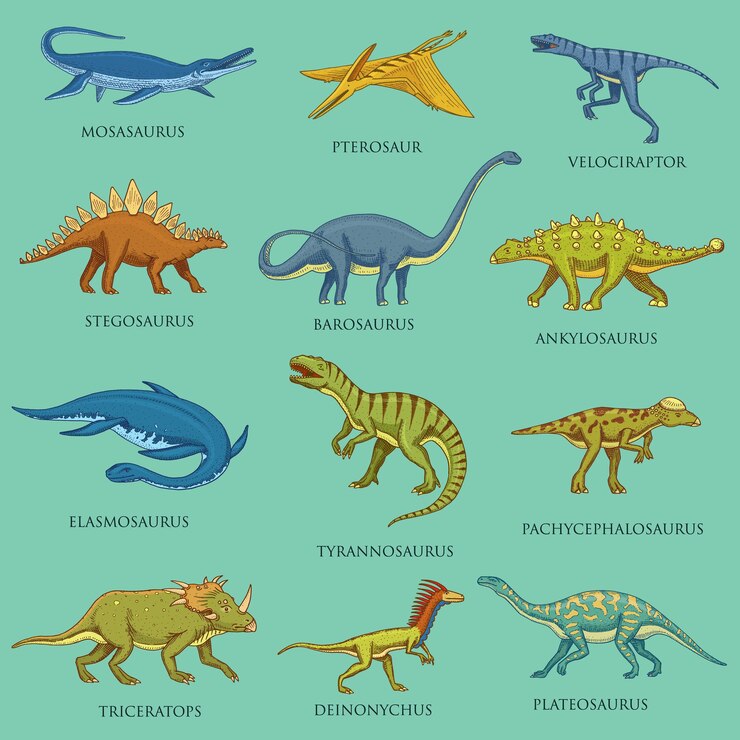 Vetor uma coleção de dinossauros, incluindo dinossauros, dinossauros e outras coisas.