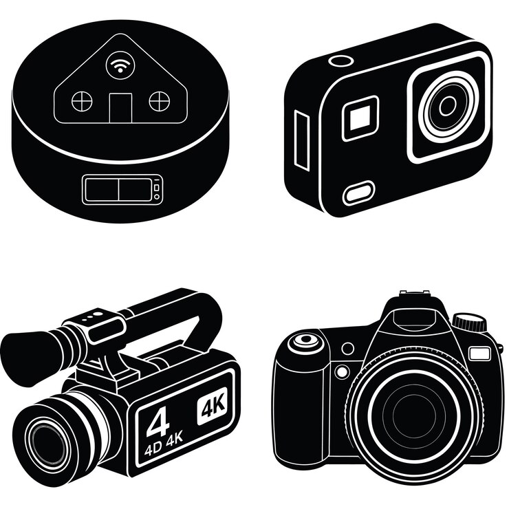 Vetor uma coleção de dispositivos eletrônicos modernos e equipamentos de imagem representados em um estilo minimalista em preto e branco