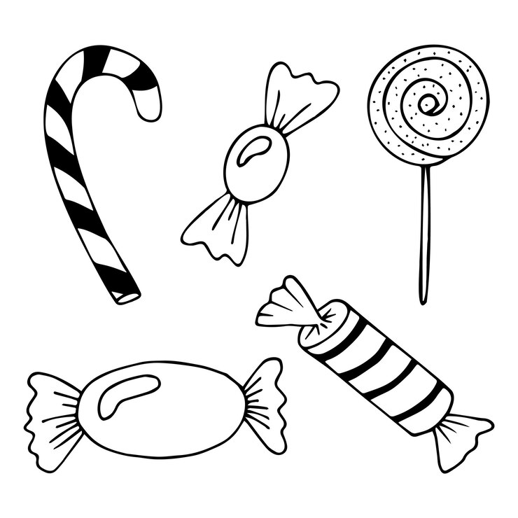 Vetor uma coleção de doces desenhados à mão. o estilo do esboço do doodle. um conjunto de rabiscos de doces