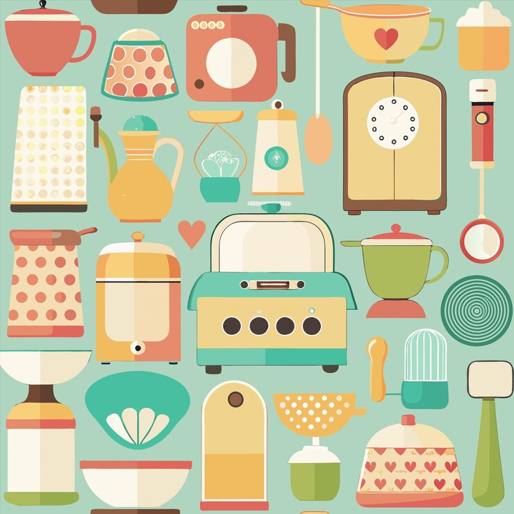 Vetor uma coleção de eletrodomésticos de cozinha, incluindo uma chaleira de chá, uma chaleiro de chá e uma chaleira