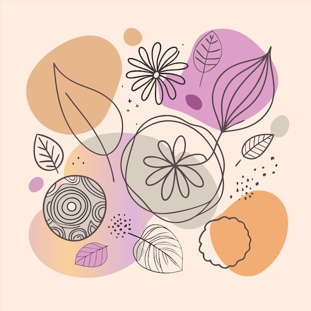 uma coleção de flores e folhas com um fundo rosa