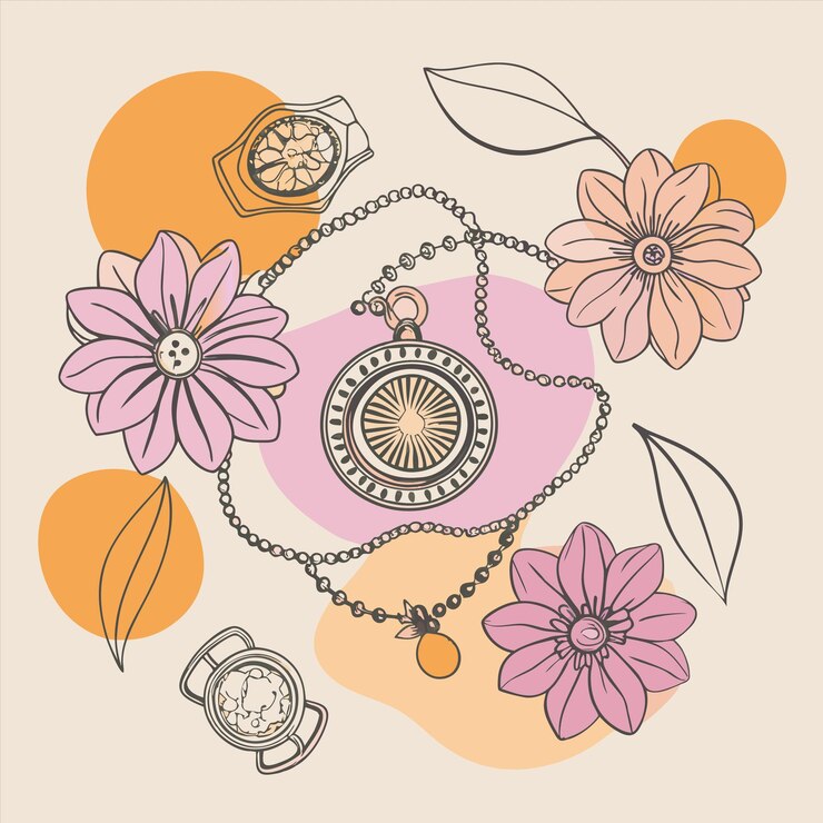 Vetor uma coleção de flores e pulseiras com um anel que diz "quota a hora de 9 00"