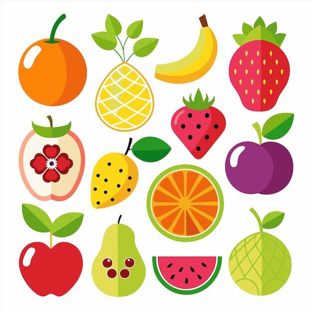 uma coleção de frutas, incluindo morangos, morangos e kiwis