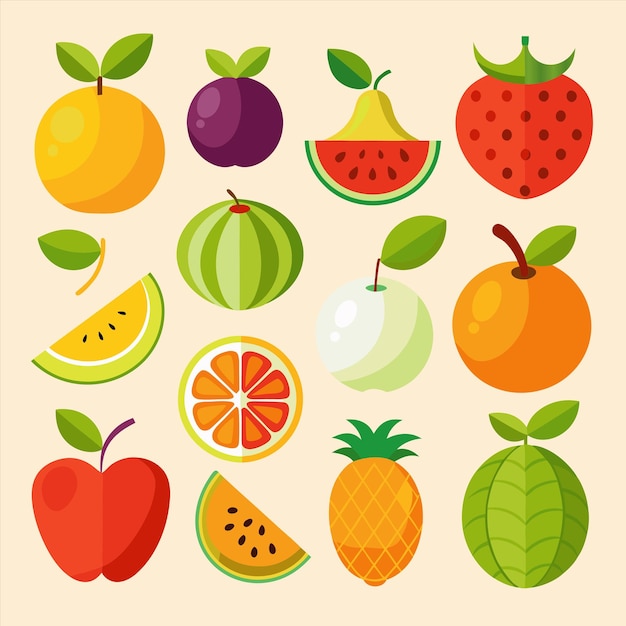 uma coleção de frutas, incluindo uma que tem uma fruta sobre ela