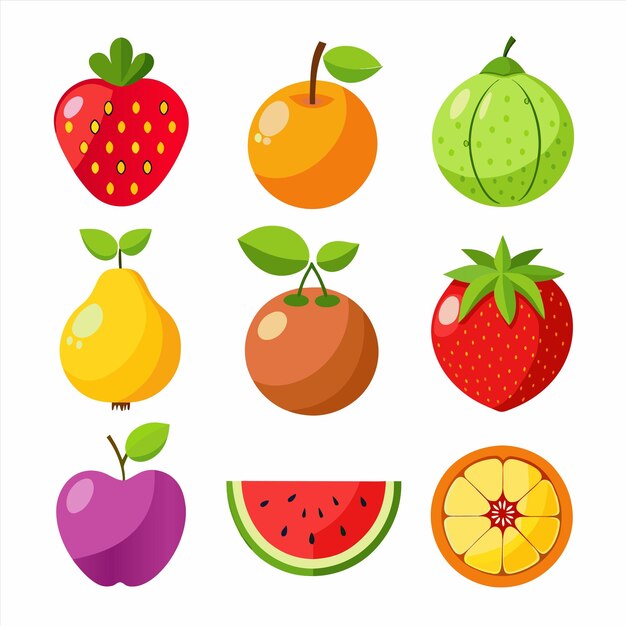 uma coleção de frutas, incluindo uma que tem uma imagem de um morango e o outro com o outro