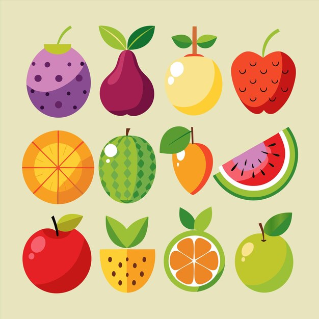uma coleção de frutas, incluindo uma que tem uma imagem de um morango