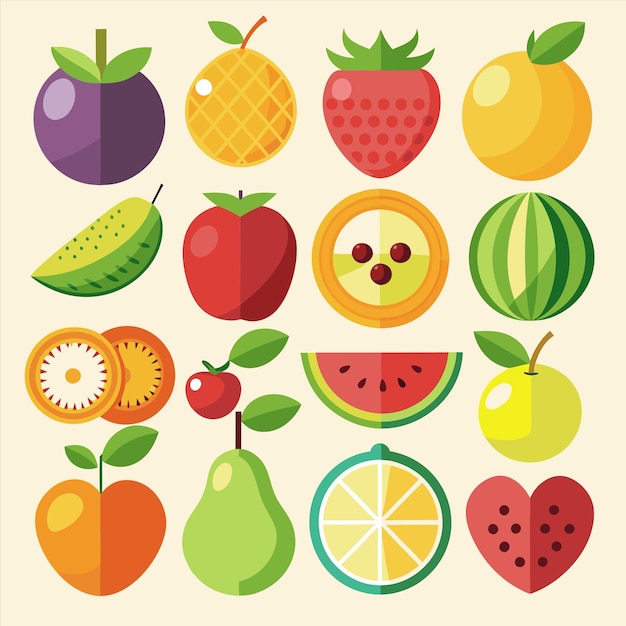 uma coleção de frutas, incluindo uma que tem uma imagem de uma fruta que diz fruta