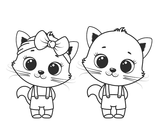 Uma coleção de gatos bonitos dos desenhos animados para uma menina e um menino. ilustração em vetor preto e branco para um livro de colorir. desenho de contorno.