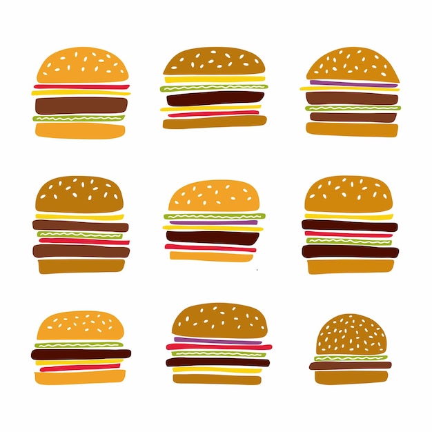 Uma coleção de hambúrgueres desenhados à mão no estilo doodle. comida rápida