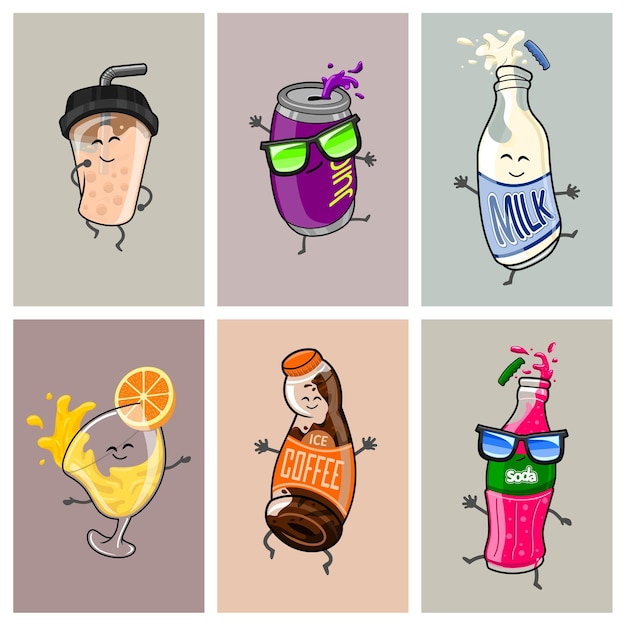 Uma coleção de ilustrações de vários personagens de desenhos animados de bebidas fofas